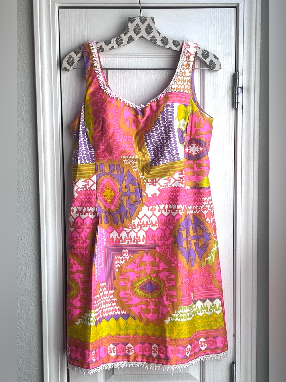 Vintage 60s ALEX COLMAN Built-In Bra Dress Mod Geometric Multicolor Pink Size M